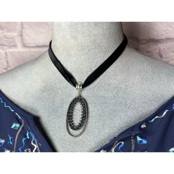 Handmade Jewelry - Handmade Black Velvet Choker with Upcycled Oval Faux Sapphire Studded Pendant
